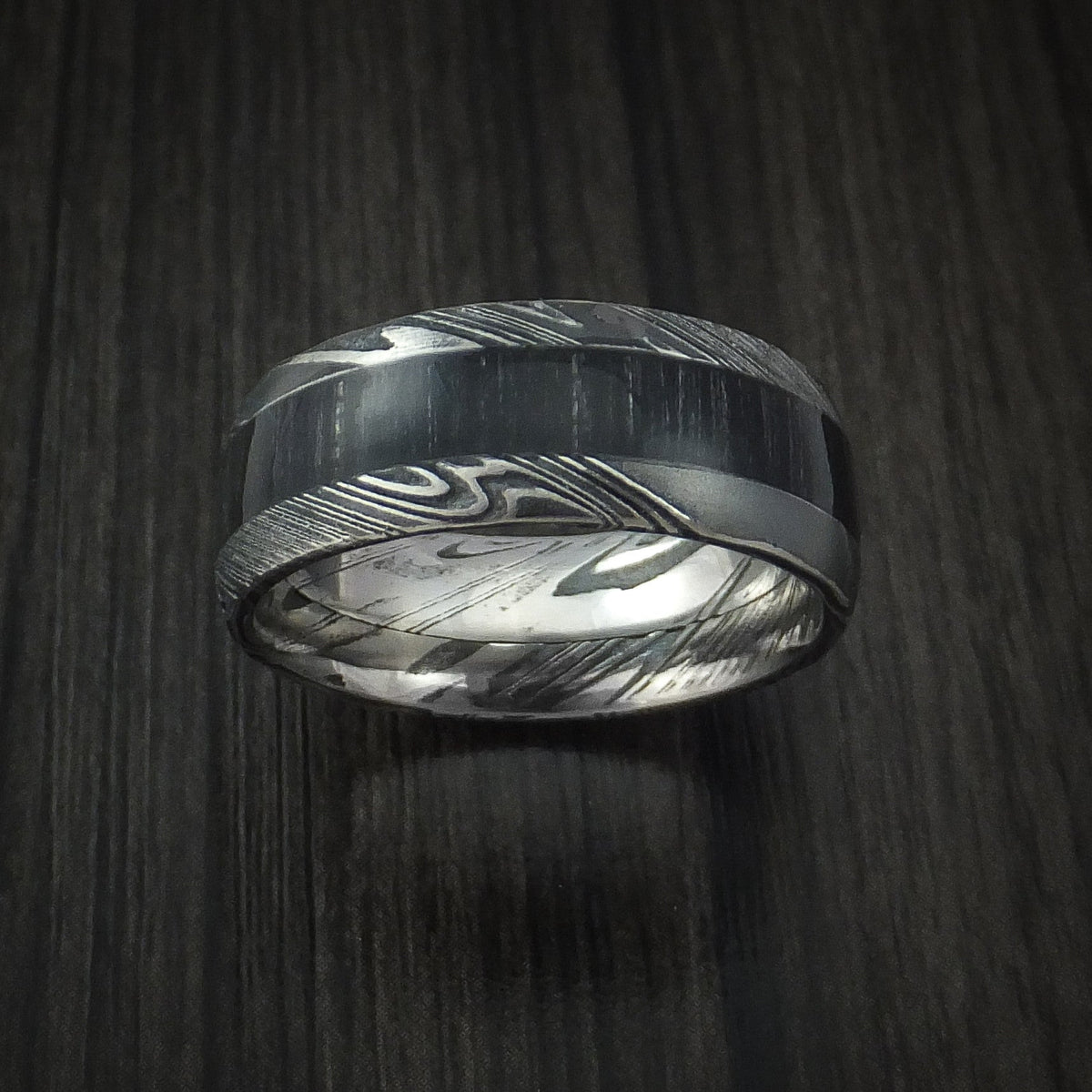 Onyx X - Woodgrain Kuro Damascus Steel Men's Wedding Ring with Charcoal Hardwood Inlay Band - view 2 - Nura Lab