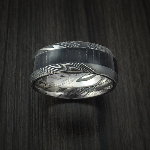 Onyx X - Woodgrain Kuro Damascus Steel Men's Wedding Ring with Charcoal Hardwood Inlay Band - view 2 - Nura Lab