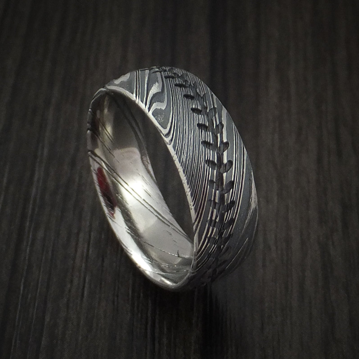Griffin X - Woodgrain Kuro Damascus Steel Baseball Stitch Men's Wedding Ring with Tumble Finish - Nura Lab