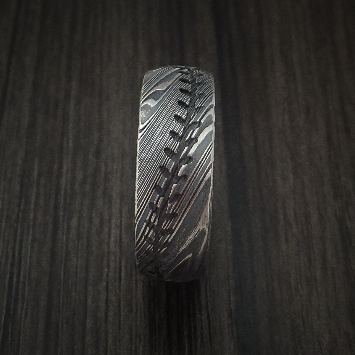 Griffin X - Woodgrain Kuro Damascus Steel Baseball Stitch Men's Wedding Ring with Tumble Finish - view 3 - Nura Lab