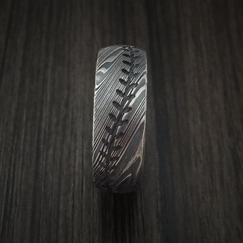 Griffin X - Woodgrain Kuro Damascus Steel Baseball Stitch Men's Wedding Ring with Tumble Finish - view 3 - Nura Lab