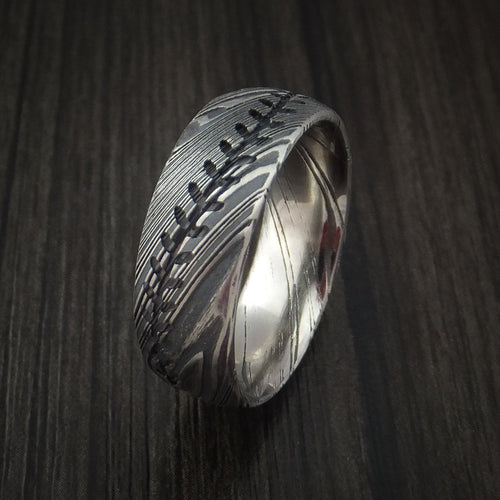 Griffin X - Woodgrain Kuro Damascus Steel Baseball Stitch Men's Wedding Ring with Tumble Finish - view 4 - Nura Lab