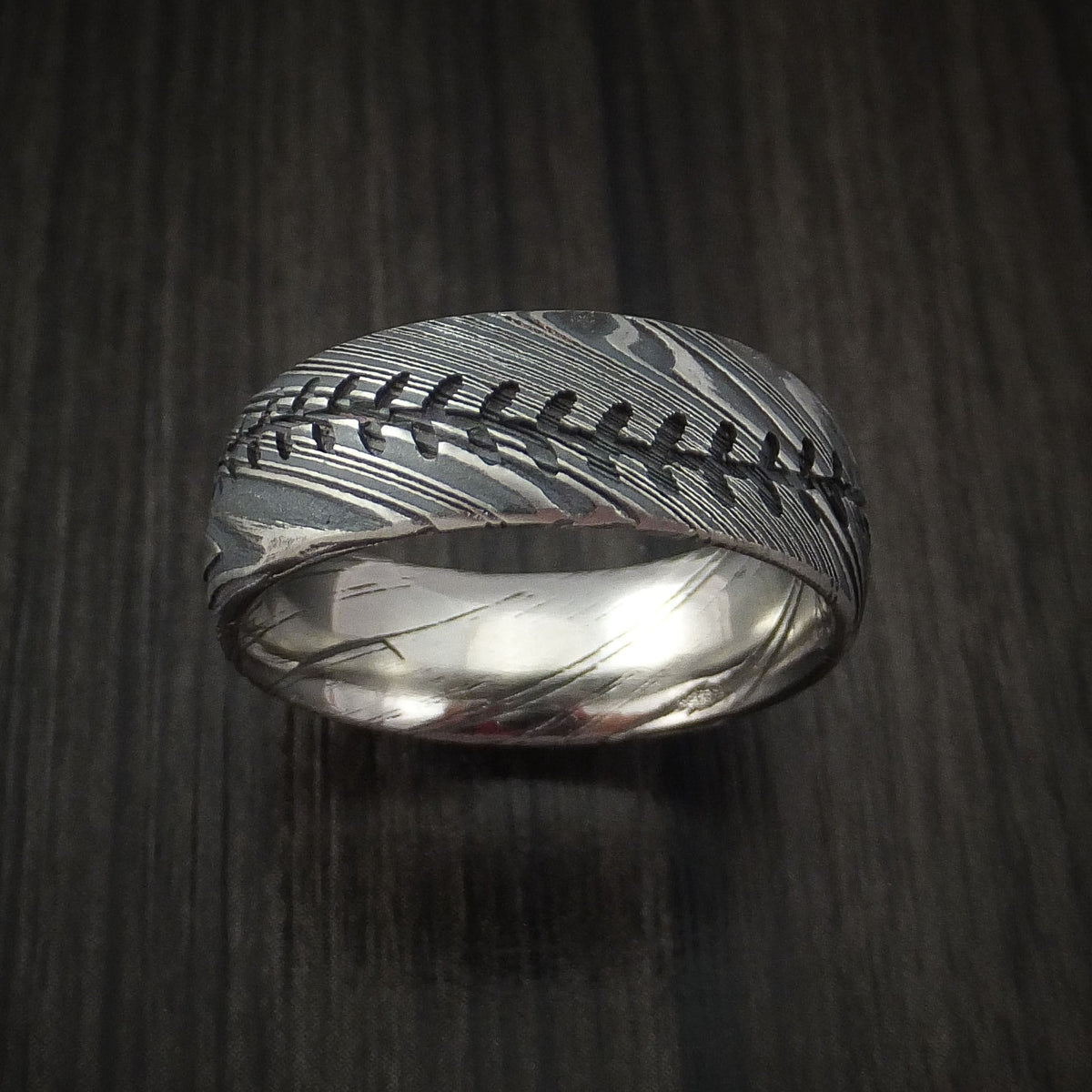 Griffin X - Woodgrain Kuro Damascus Steel Baseball Stitch Men's Wedding Ring with Tumble Finish - view 2 - Nura Lab