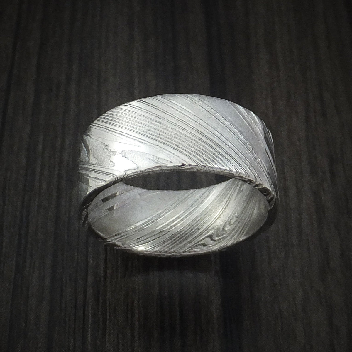 Kingsguard XI - Woodgrain Kuro Damascus Steel Wide Men's Ring Wedding Ring - view 2 - Nura Lab