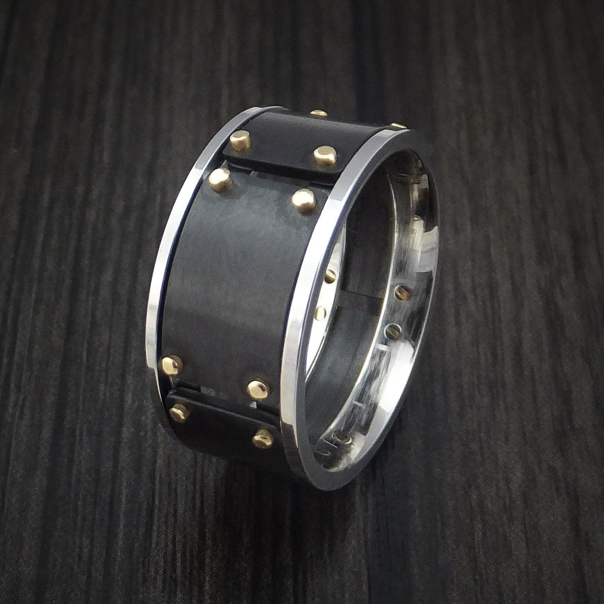 Canyon XVIII - Black Zirconium and Cobalt Chrome Men's Wedding Ring with 14k Yellow Gold Band - view 4 - Nura Lab