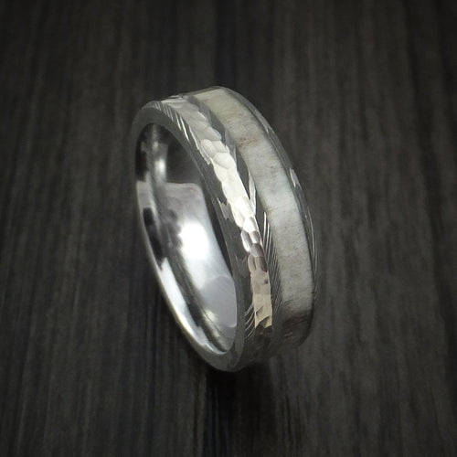 Maverick IX - Damascus Steel with Hammered 14k White Gold and Antler Men's Wedding Ring - Nura Lab