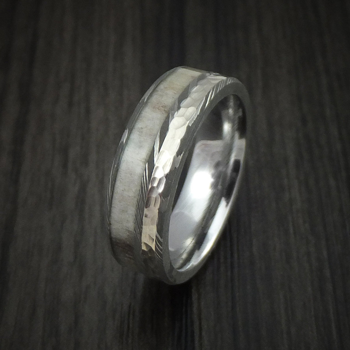 Maverick IX - Damascus Steel with Hammered 14k White Gold and Antler Men's Wedding Ring - view 4 - Nura Lab