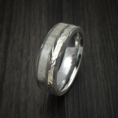 Maverick IX - Damascus Steel with Hammered 14k White Gold and Antler Men's Wedding Ring - view 4 - Nura Lab