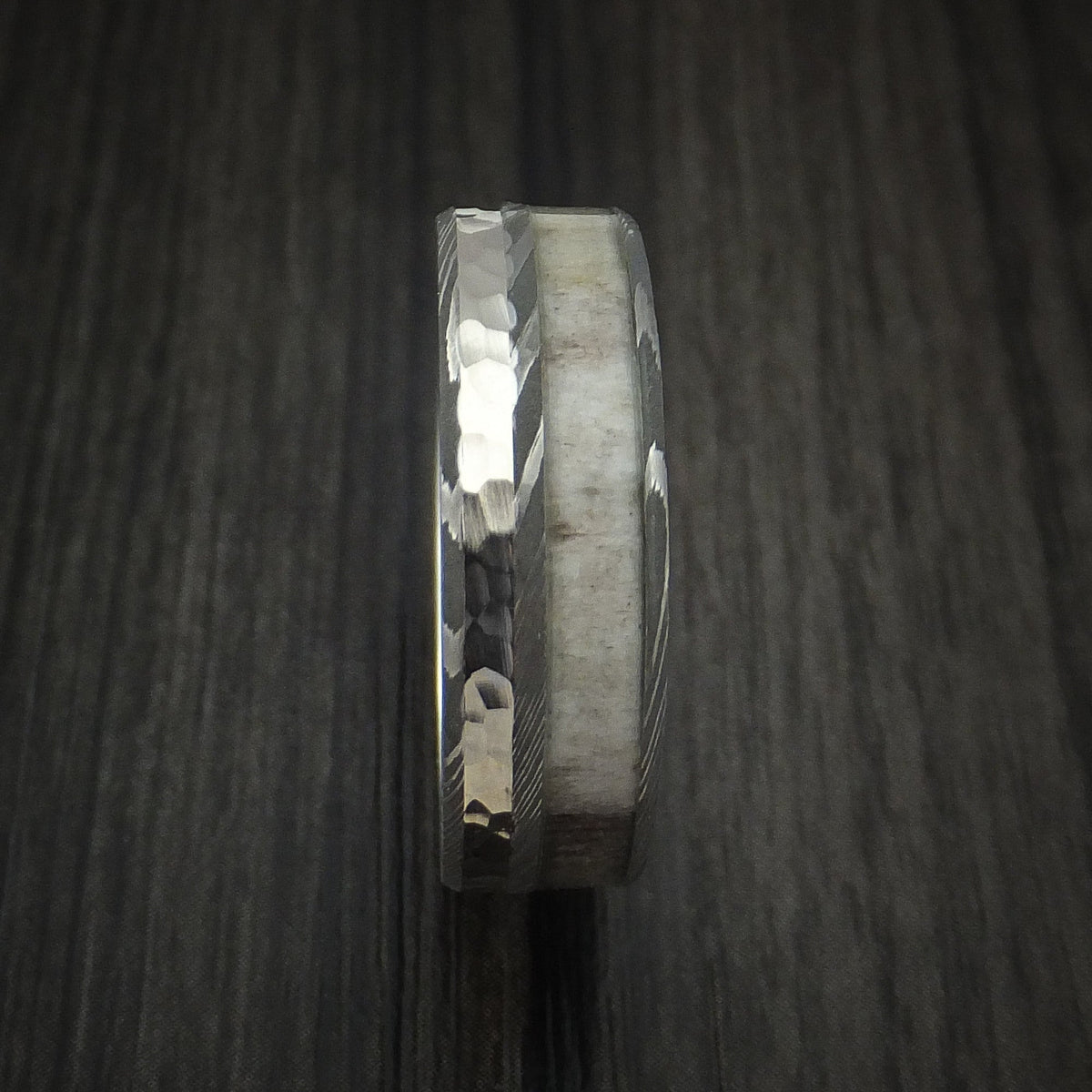 Maverick IX - Damascus Steel with Hammered 14k White Gold and Antler Men's Wedding Ring - view 3 - Nura Lab