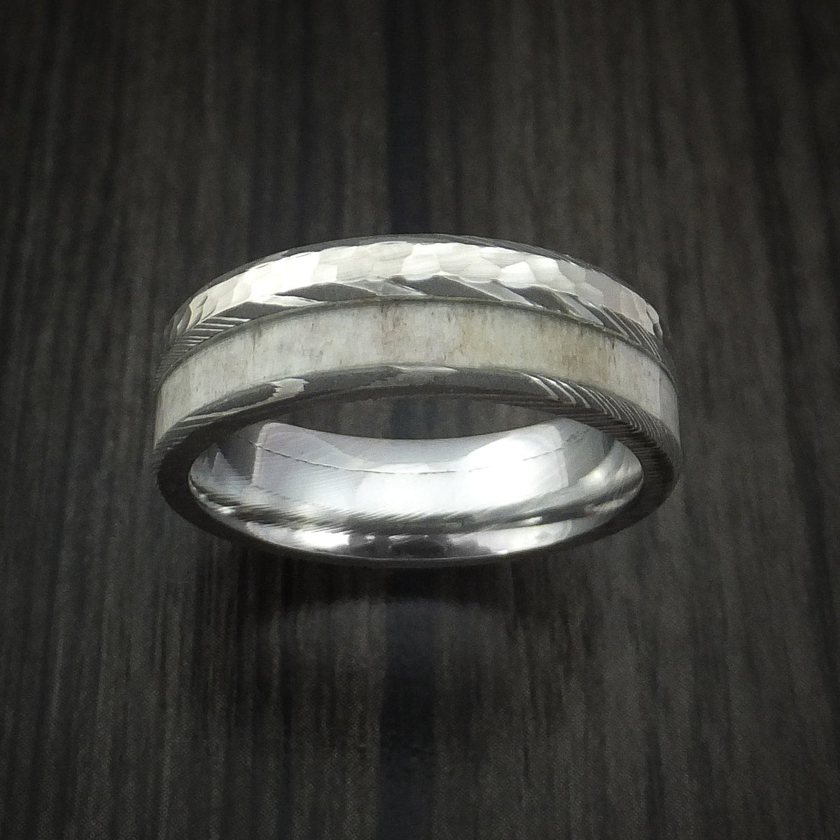 Maverick IX - Damascus Steel with Hammered 14k White Gold and Antler Men's Wedding Ring - view 2 - Nura Lab