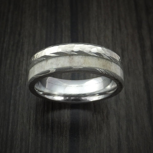 Maverick IX - Damascus Steel with Hammered 14k White Gold and Antler Men's Wedding Ring - view 2 - Nura Lab