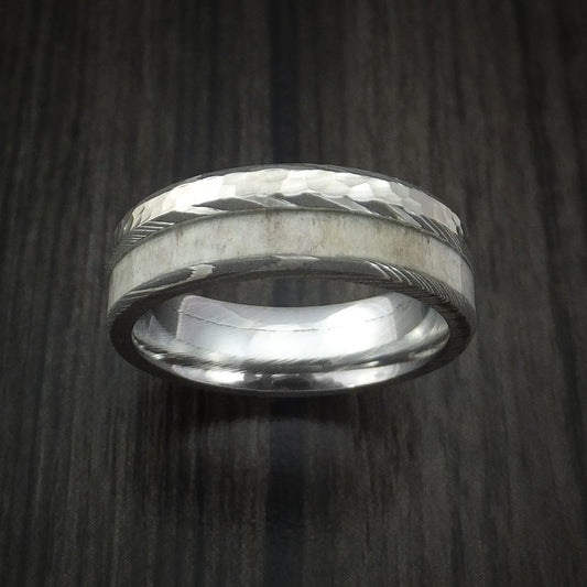 Maverick IX - Damascus Steel with Hammered 14k White Gold and Antler Men's Wedding Ring - view 2 - Nura Lab