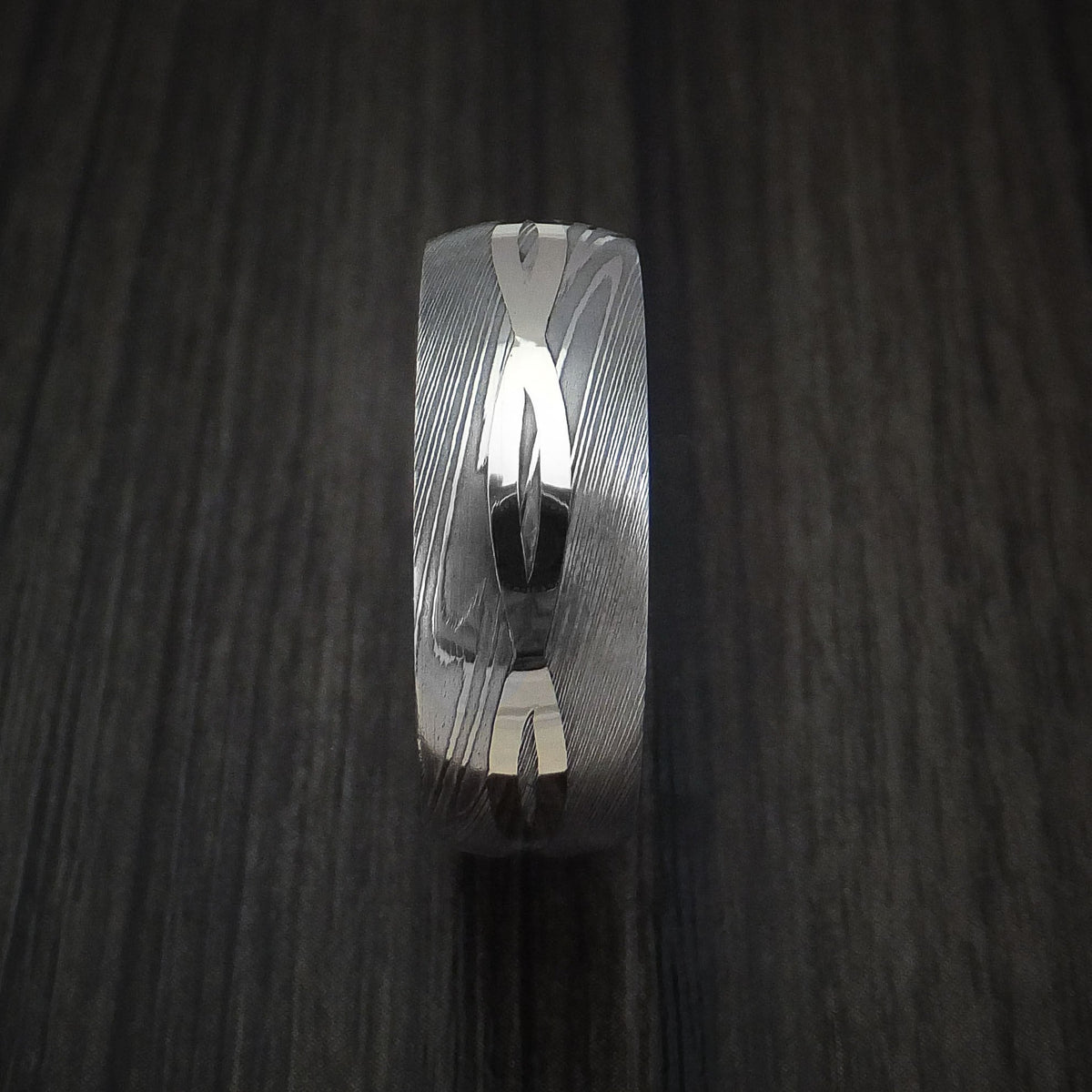 Phoenix X - Damascus Steel 14K White Gold Celtic Knot Men's Ring Infinity Design Anodized Wedding Ring - view 3 - Nura Lab