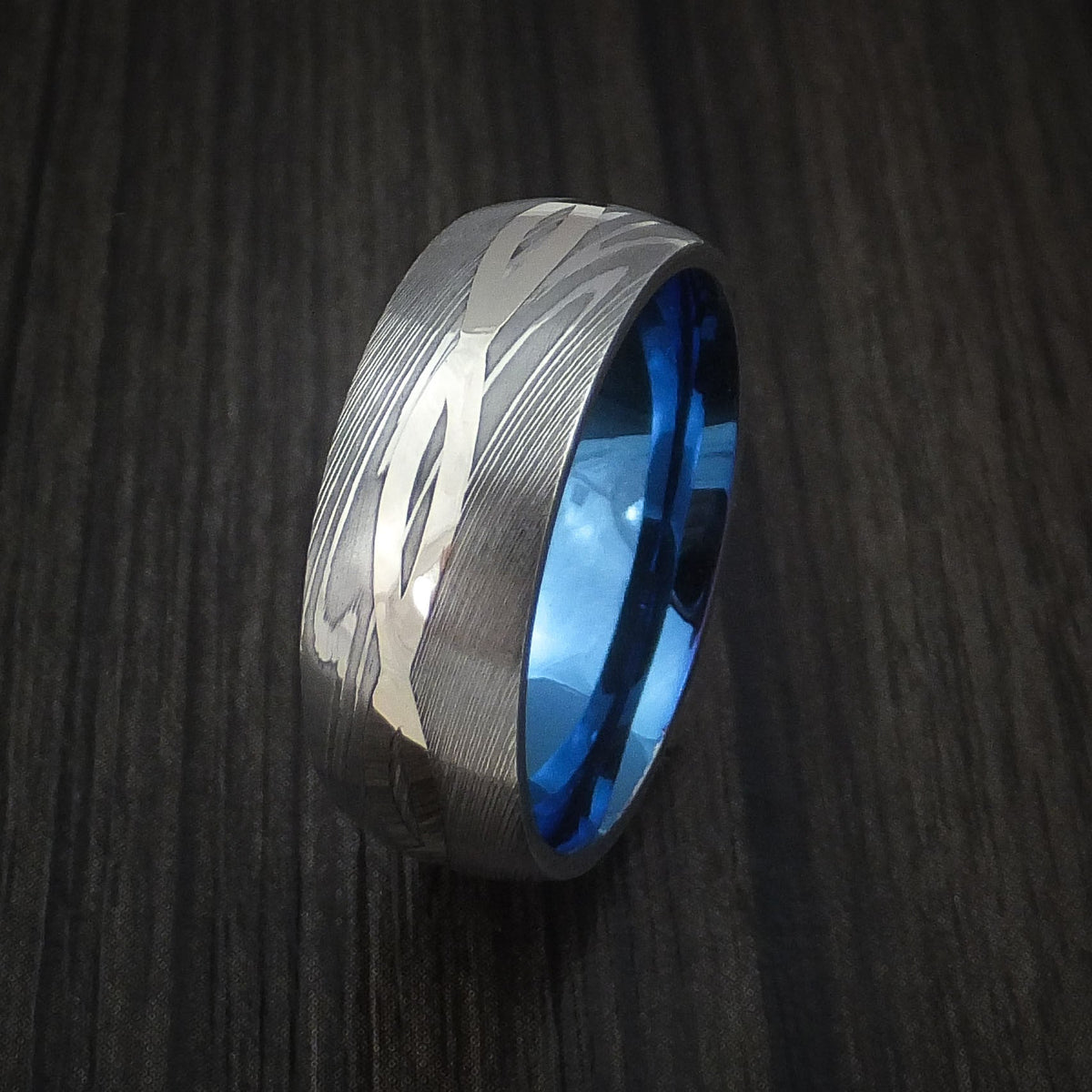 Phoenix X - Damascus Steel 14K White Gold Celtic Knot Men's Ring Infinity Design Anodized Wedding Ring - view 4 - Nura Lab