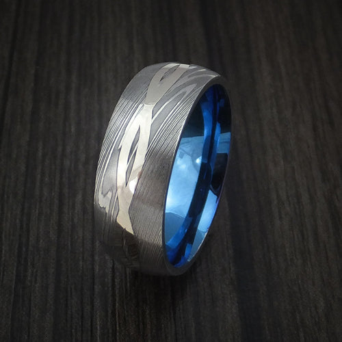 Phoenix X - Damascus Steel 14K White Gold Celtic Knot Men's Ring Infinity Design Anodized Wedding Ring - view 4 - Nura Lab