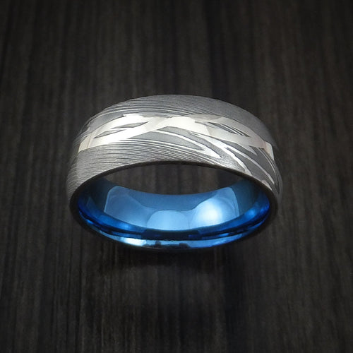 Phoenix X - Damascus Steel 14K White Gold Celtic Knot Men's Ring Infinity Design Anodized Wedding Ring - view 2 - Nura Lab