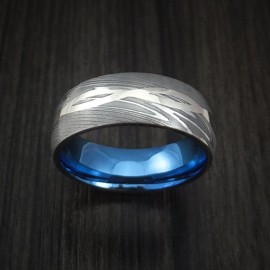 Phoenix X - Damascus Steel 14K White Gold Celtic Knot Men's Ring Infinity Design Anodized Wedding Ring - view 2 - Nura Lab