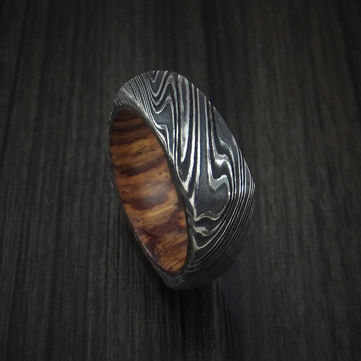 Dominion XI - Woodgrain Kuro Damascus Steel Square Men's Wedding Ring with Cocobolo Hardwood Sleeve Band - Nura Lab