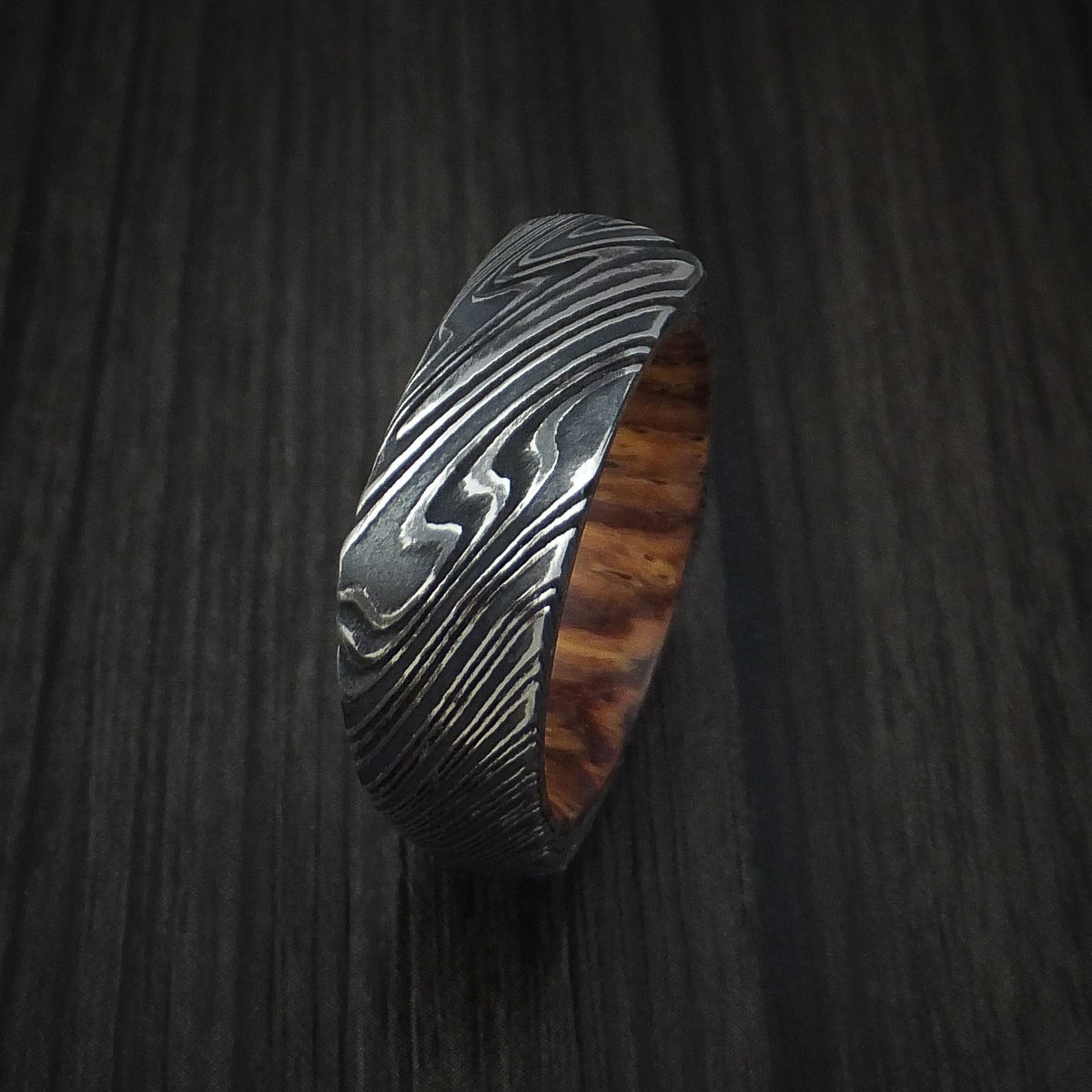 Dominion XI - Woodgrain Kuro Damascus Steel Square Men's Wedding Ring with Cocobolo Hardwood Sleeve Band - view 4 - Nura Lab