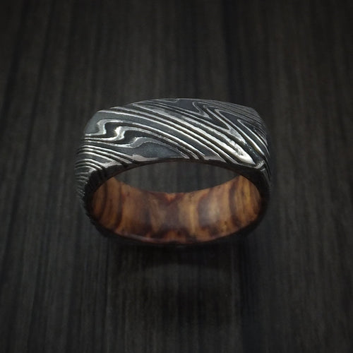Dominion XI - Woodgrain Kuro Damascus Steel Square Men's Wedding Ring with Cocobolo Hardwood Sleeve Band - view 2 - Nura Lab