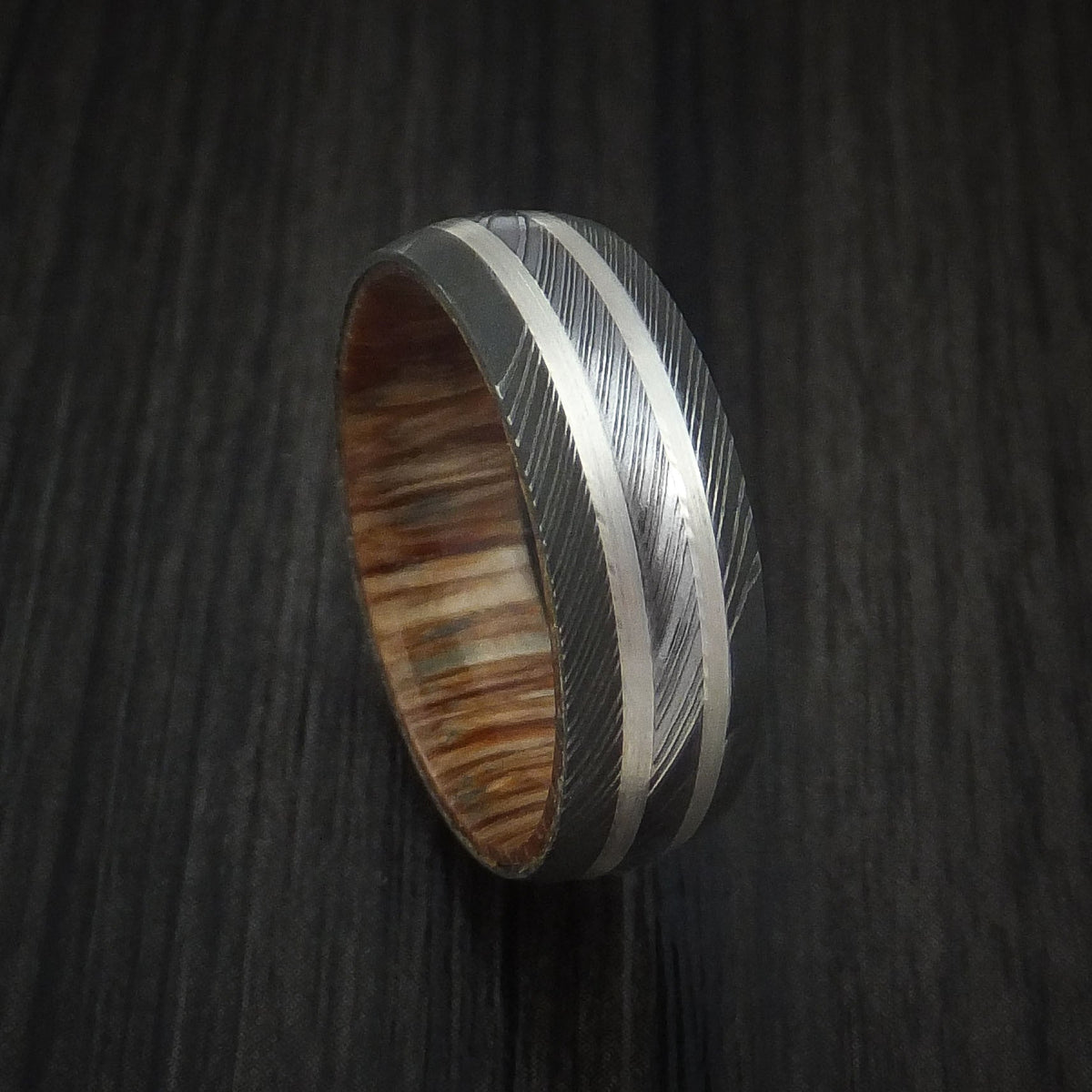 Southern Cross XI - Damascus Steel Men's Wedding Ring with Silver Inlays and Teak Hardwood Sleeve - Nura Lab
