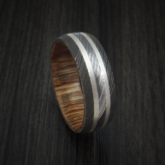Southern Cross XI - Damascus Steel Men's Wedding Ring with Silver Inlays and Teak Hardwood Sleeve - Nura Lab