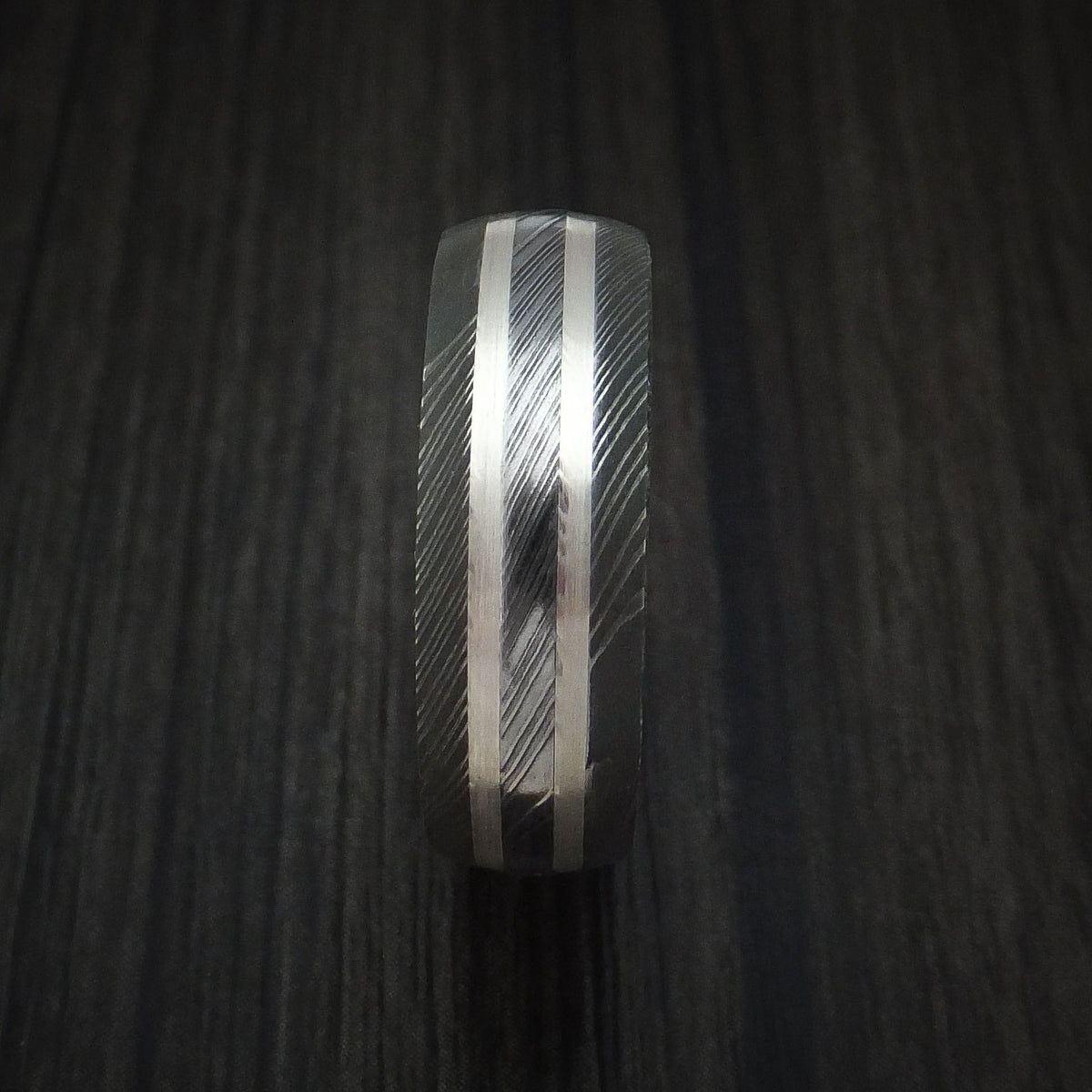 Southern Cross XI - Damascus Steel Men's Wedding Ring with Silver Inlays and Teak Hardwood Sleeve - view 3 - Nura Lab