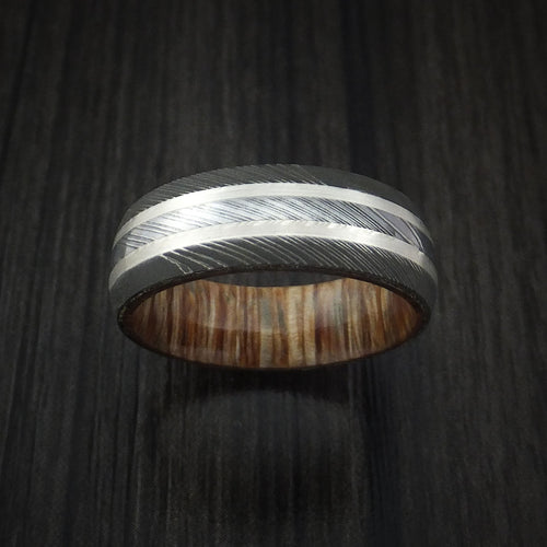 Southern Cross XI - Damascus Steel Men's Wedding Ring with Silver Inlays and Teak Hardwood Sleeve - view 2 - Nura Lab