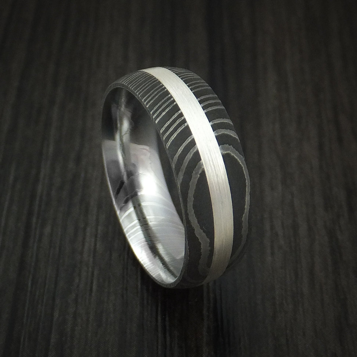 Ranger X - Damascus Steel and Silver Inlay Men's Wedding Ring Band - Nura Lab