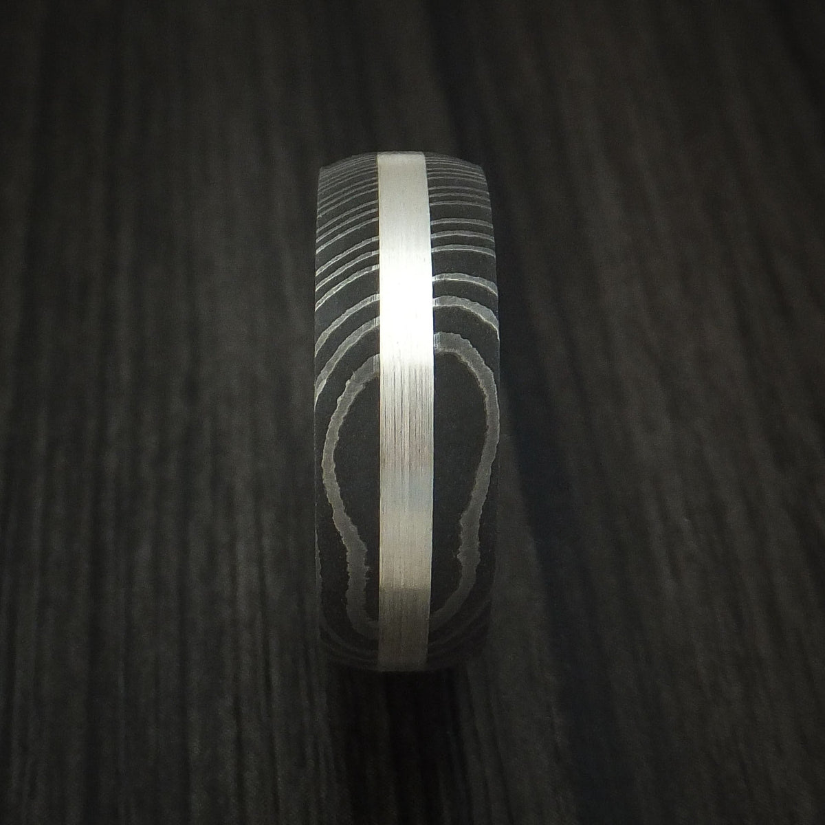 Ranger X - Damascus Steel and Silver Inlay Men's Wedding Ring Band - view 3 - Nura Lab