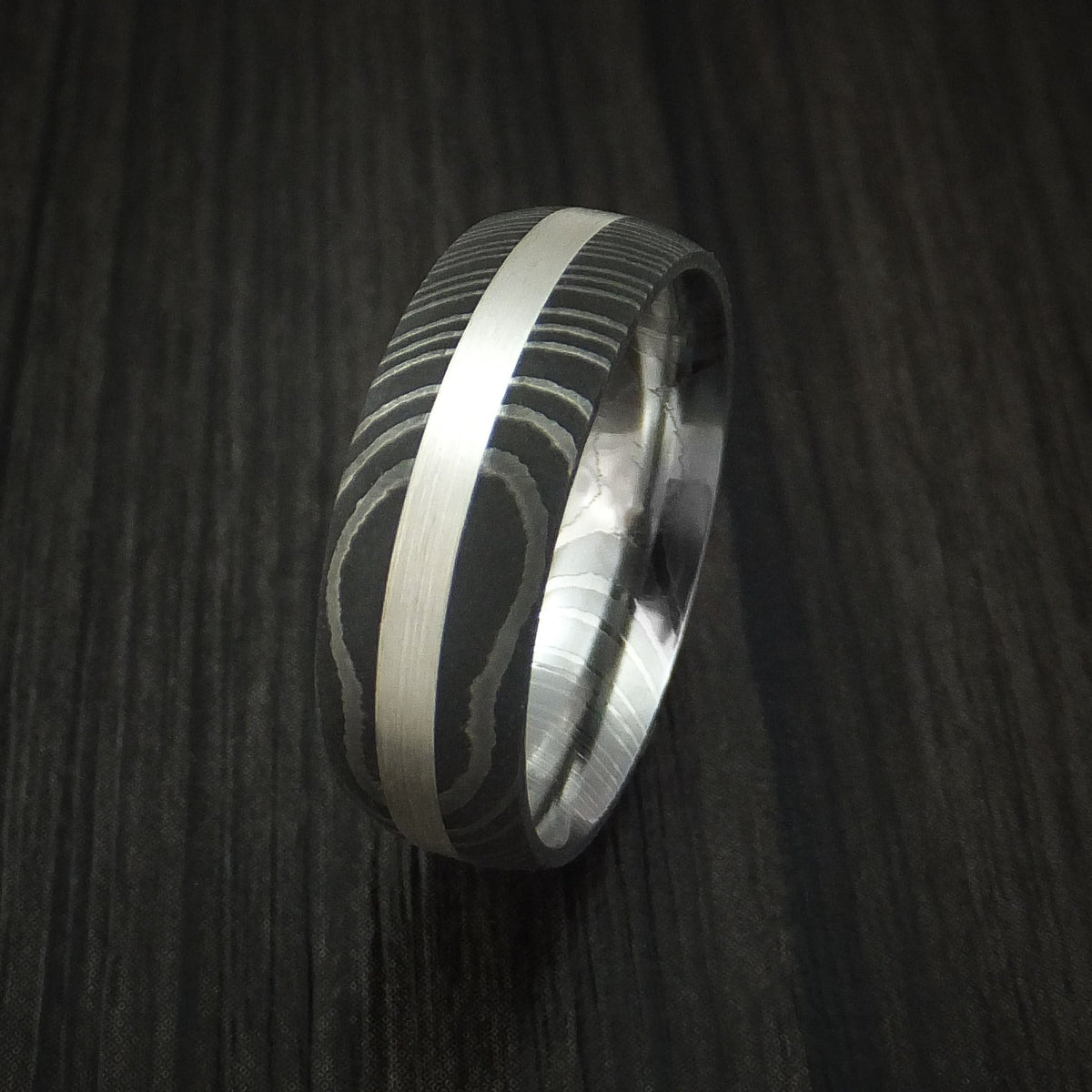Ranger X - Damascus Steel and Silver Inlay Men's Wedding Ring Band - view 4 - Nura Lab