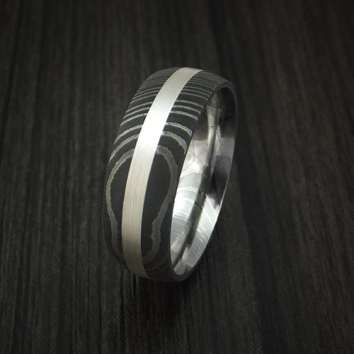 Ranger X - Damascus Steel and Silver Inlay Men's Wedding Ring Band - view 4 - Nura Lab