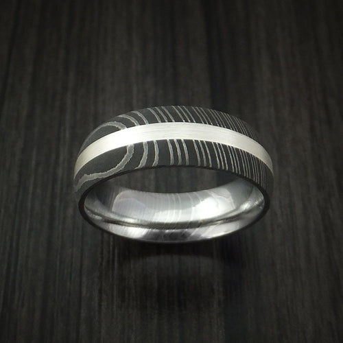 Ranger X - Damascus Steel and Silver Inlay Men's Wedding Ring Band - view 2 - Nura Lab