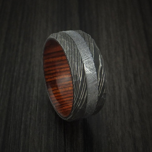 Rimu IX - Damascus Steel and Gibeon Meteorite Hammered Men's Wedding Ring with Hardwood Sleeve Band - Nura Lab