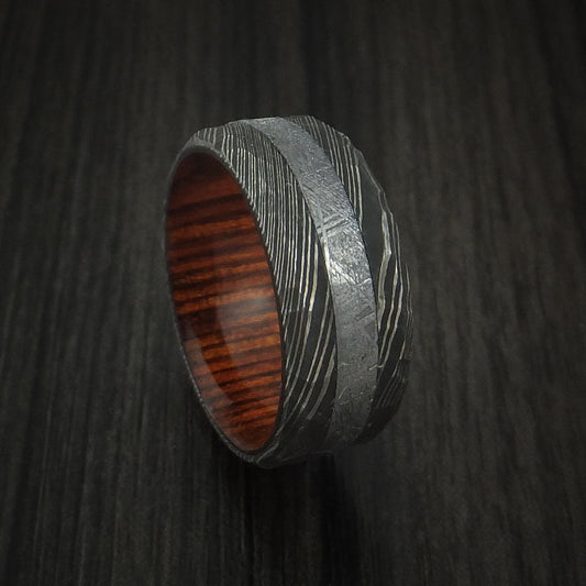 Rimu IX - Damascus Steel and Gibeon Meteorite Hammered Men's Wedding Ring with Hardwood Sleeve Band - Nura Lab
