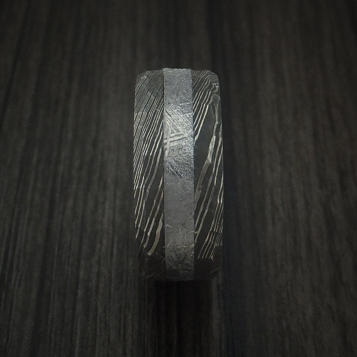 Rimu IX - Damascus Steel and Gibeon Meteorite Hammered Men's Wedding Ring with Hardwood Sleeve Band - view 3 - Nura Lab