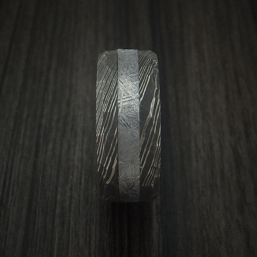 Rimu IX - Damascus Steel and Gibeon Meteorite Hammered Men's Wedding Ring with Hardwood Sleeve Band - view 3 - Nura Lab
