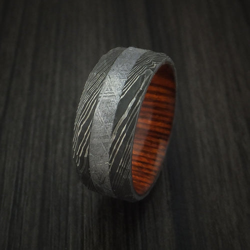 Rimu IX - Damascus Steel and Gibeon Meteorite Hammered Men's Wedding Ring with Hardwood Sleeve Band - view 4 - Nura Lab
