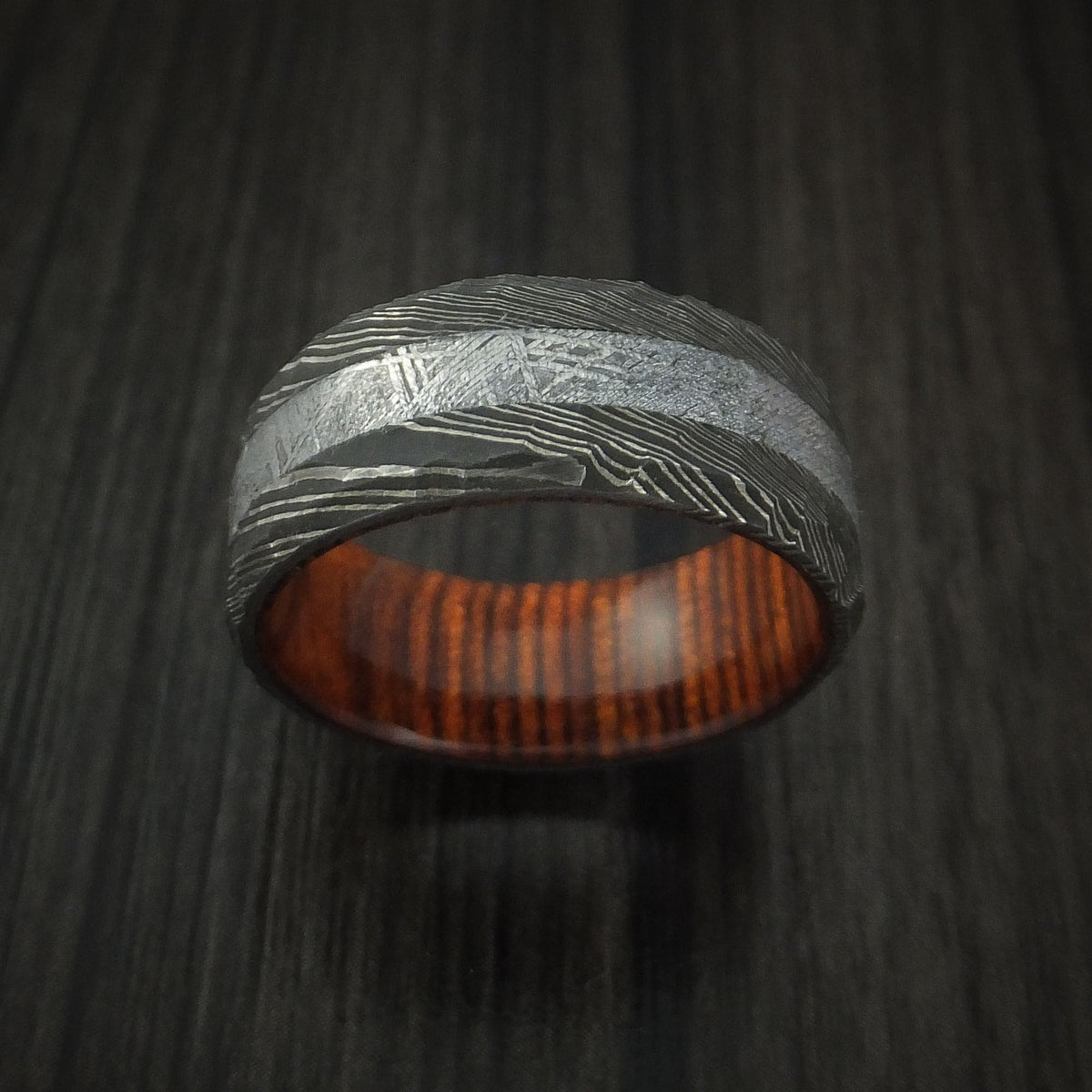 Rimu IX - Damascus Steel and Gibeon Meteorite Hammered Men's Wedding Ring with Hardwood Sleeve Band - view 2 - Nura Lab