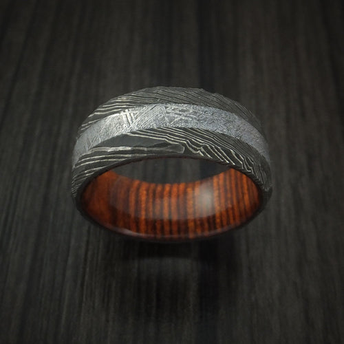 Rimu IX - Damascus Steel and Gibeon Meteorite Hammered Men's Wedding Ring with Hardwood Sleeve Band - view 2 - Nura Lab