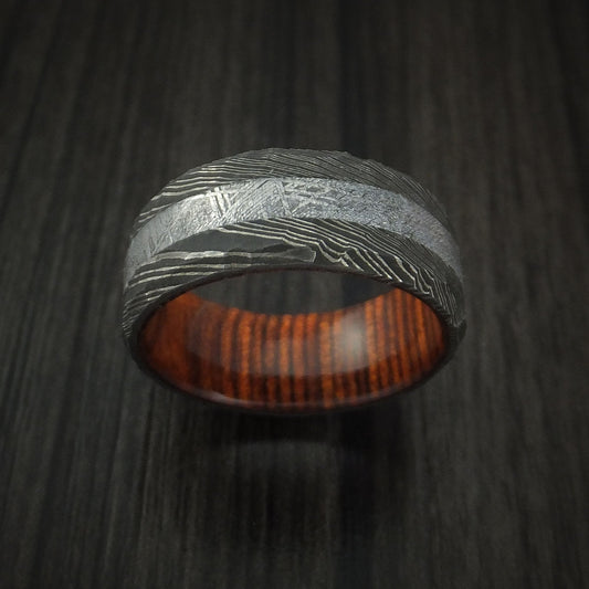 Rimu IX - Damascus Steel and Gibeon Meteorite Hammered Men's Wedding Ring with Hardwood Sleeve Band - view 2 - Nura Lab
