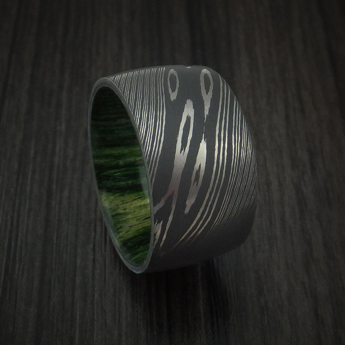 Outrider X - Damascus Steel Ultra Wide Band Men's Wedding Ring with Jade Wood Sleeve - Nura Lab
