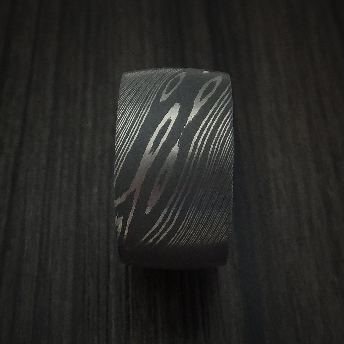 Outrider X - Damascus Steel Ultra Wide Band Men's Wedding Ring with Jade Wood Sleeve - view 3 - Nura Lab