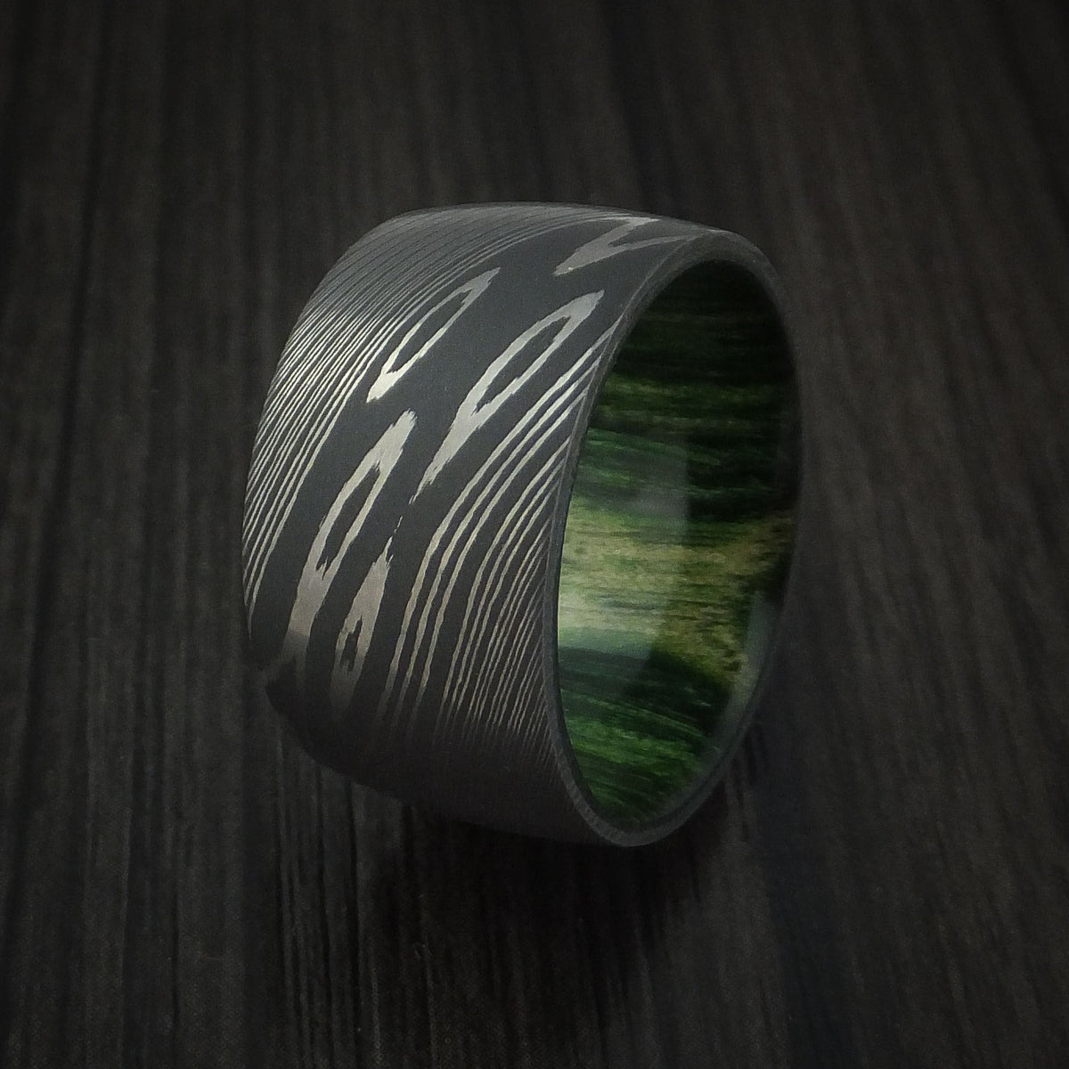 Outrider X - Damascus Steel Ultra Wide Band Men's Wedding Ring with Jade Wood Sleeve - view 4 - Nura Lab
