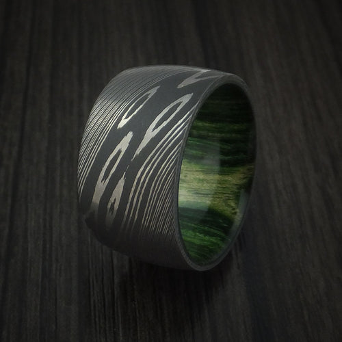 Outrider X - Damascus Steel Ultra Wide Band Men's Wedding Ring with Jade Wood Sleeve - view 4 - Nura Lab