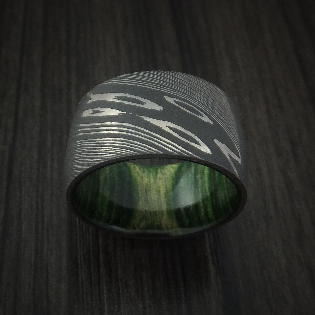 Outrider X - Damascus Steel Ultra Wide Band Men's Wedding Ring with Jade Wood Sleeve - view 2 - Nura Lab