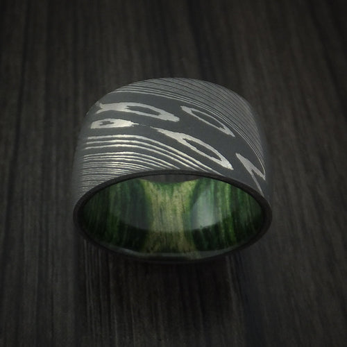 Outrider X - Damascus Steel Ultra Wide Band Men's Wedding Ring with Jade Wood Sleeve - view 2 - Nura Lab
