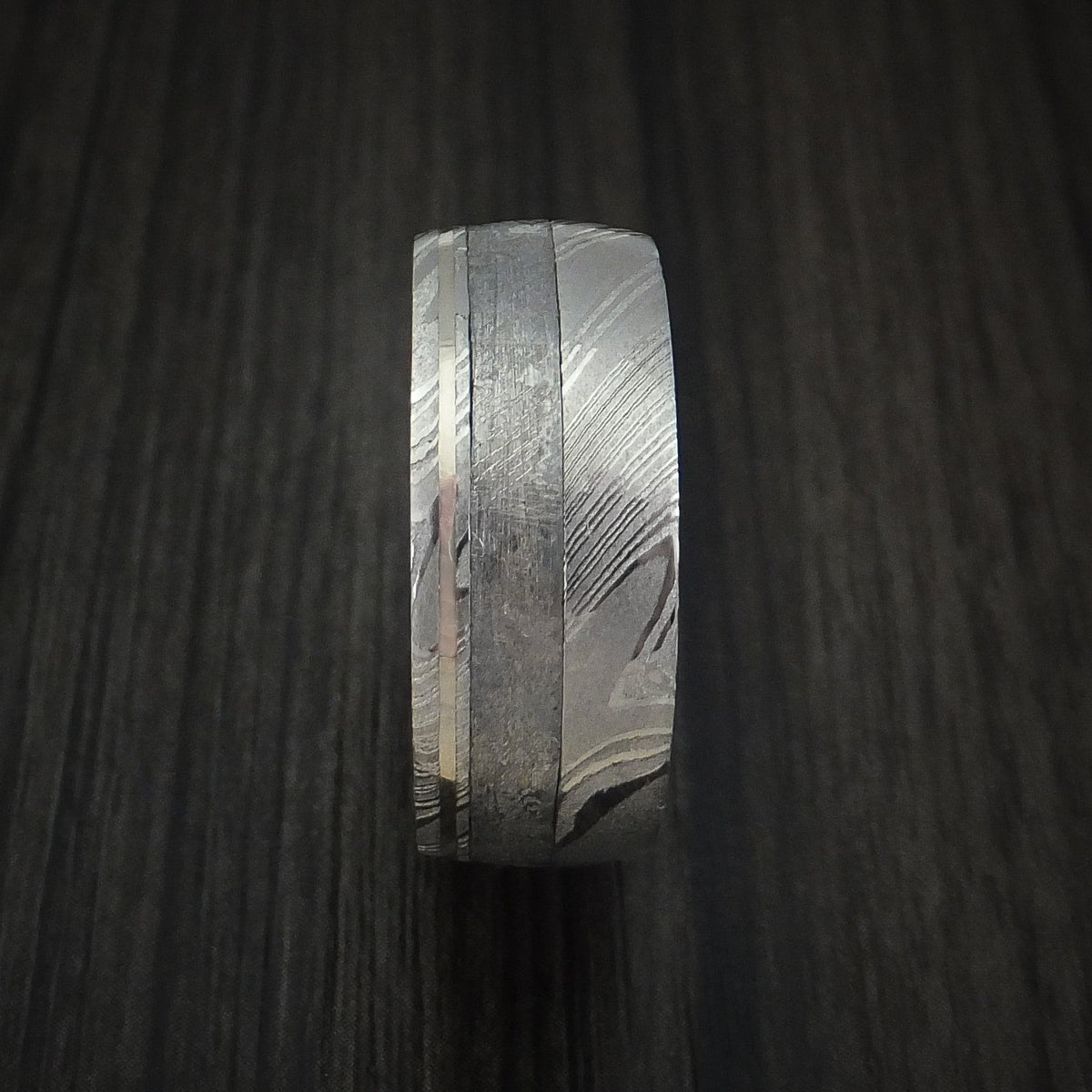 Hector IX - Woodgrain Kuro Damascus Steel and Gibeon Meteorite Men's Wedding Ring with 14k White Gold Inlay Band - view 3 - Nura Lab