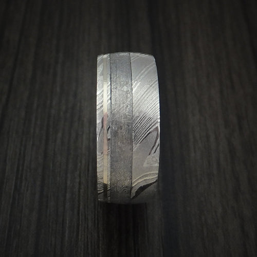 Hector IX - Woodgrain Kuro Damascus Steel and Gibeon Meteorite Men's Wedding Ring with 14k White Gold Inlay Band - view 3 - Nura Lab