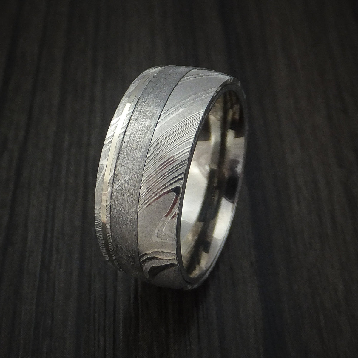 Hector IX - Woodgrain Kuro Damascus Steel and Gibeon Meteorite Men's Wedding Ring with 14k White Gold Inlay Band - view 4 - Nura Lab